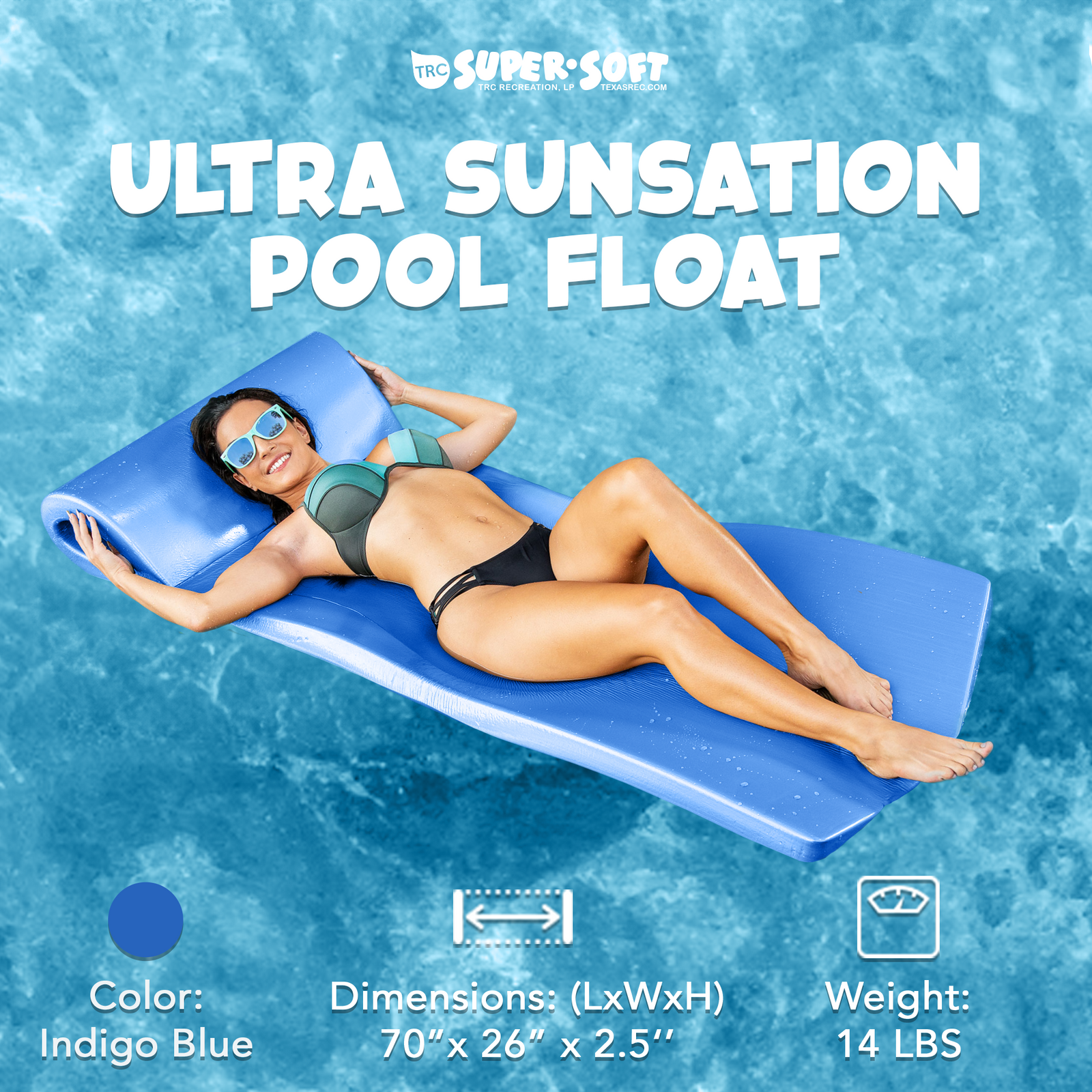 TRC Recreation Ultra Sunsation 2.5 Inch Thick Foam Pool Float Mat, Indigo Blue - VMInnovations