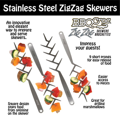 BBQCroc Stainless Steel 15" Zig Zag 9 Prong Cooking Skewers (4 Pack) (Open Box)
