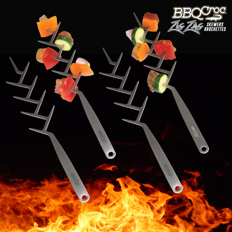 BBQCroc Stainless Steel 15" Zig Zag 9 Prong Cooking Skewers (4 Pack) (Open Box)