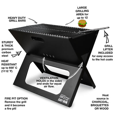 BBQCroc Compacting Portable 19 Inch Steel Barbecue Cooking Grill with Travel Bag