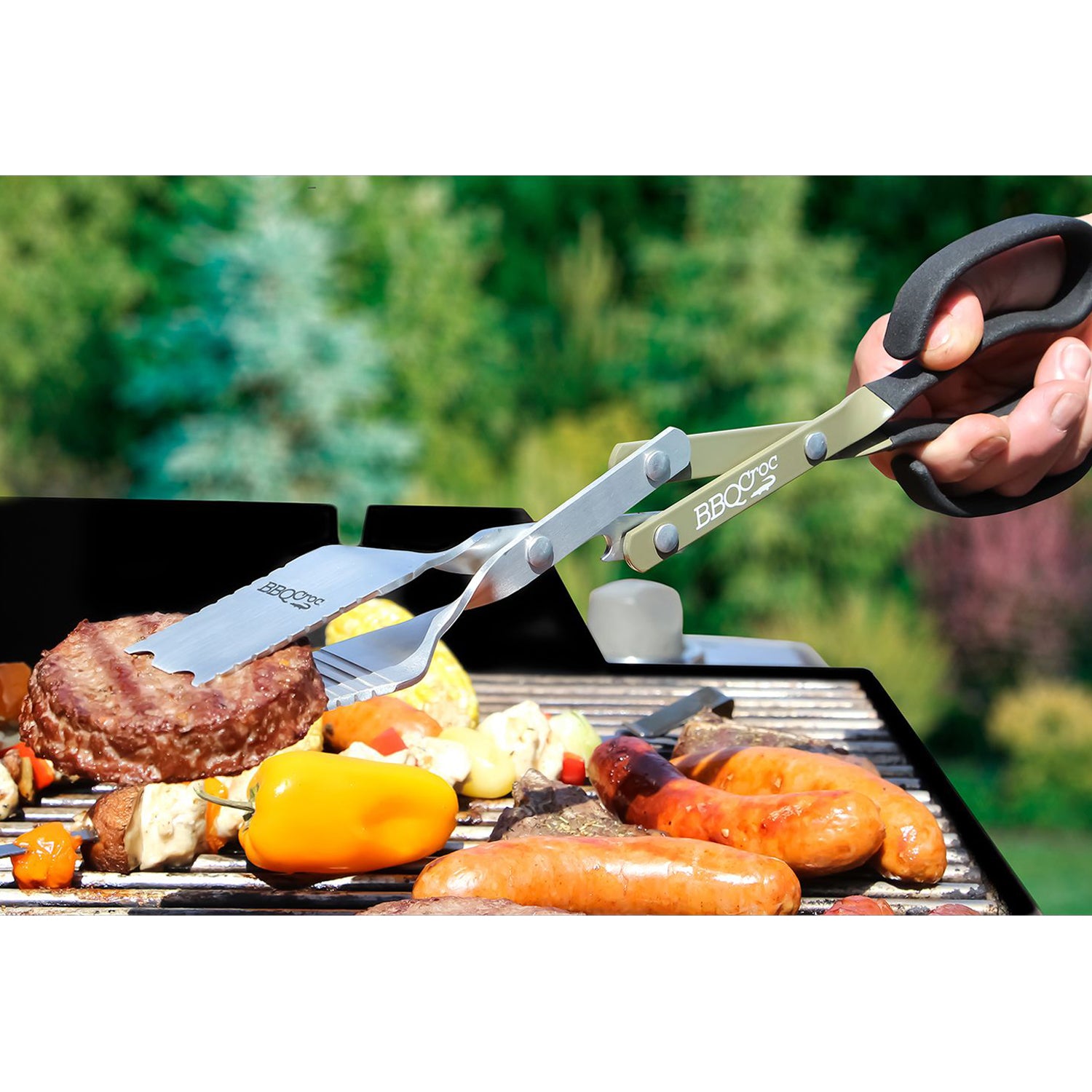 BBQ Croc 15 Inch Cooking & Grilling Multi Tool w/ Tongs, Scraper, & Flashlight
