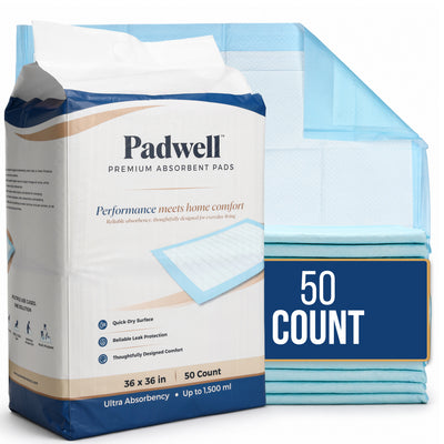 Padwell Absorbent Pads for Bed and Floor Protection, 36 x 36 Inches, 50 Count - VMInnovations