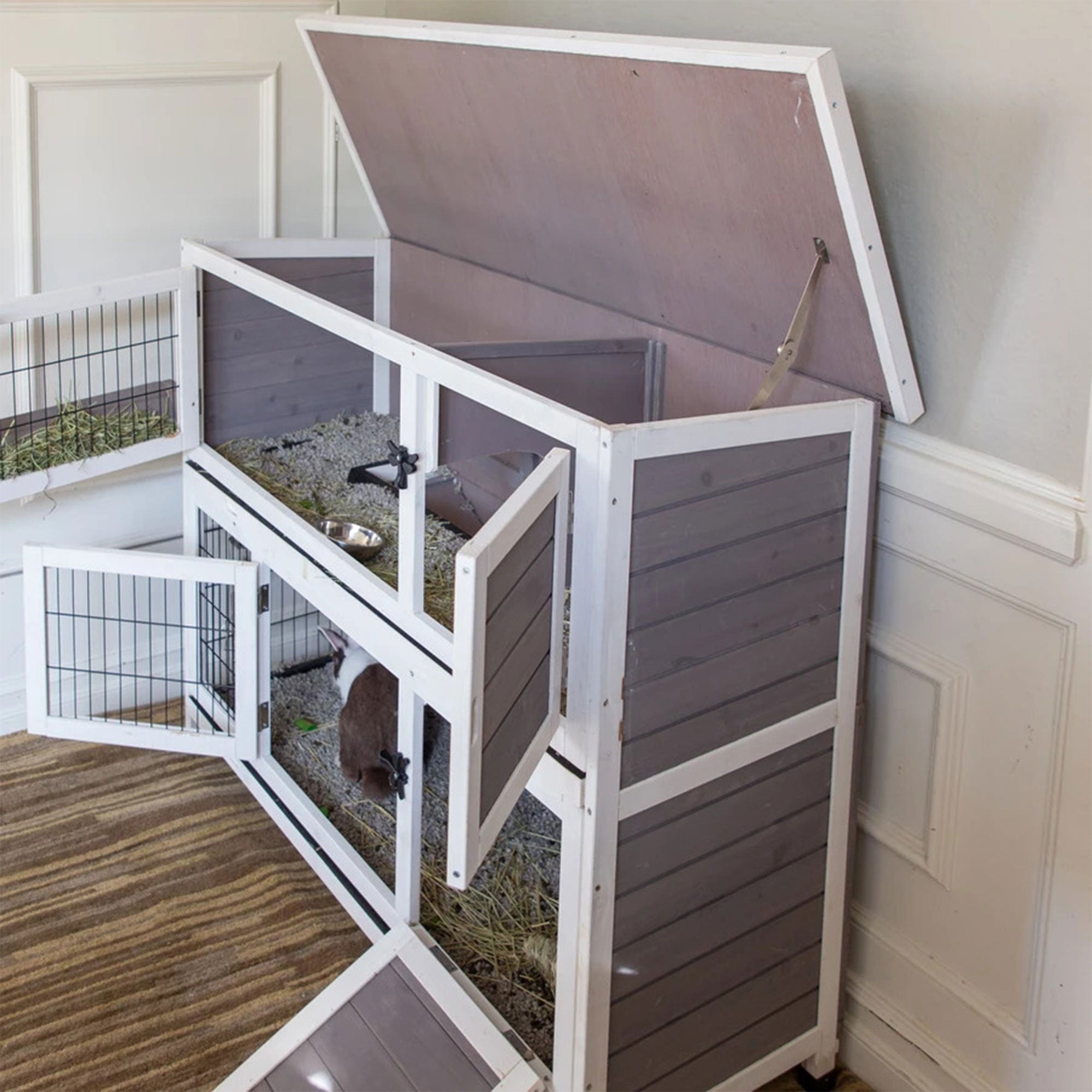 Indoor Outdoor Pet Bunny Hutch House Cage for Rabbits and Guinea Pigs, White (Refurbished)