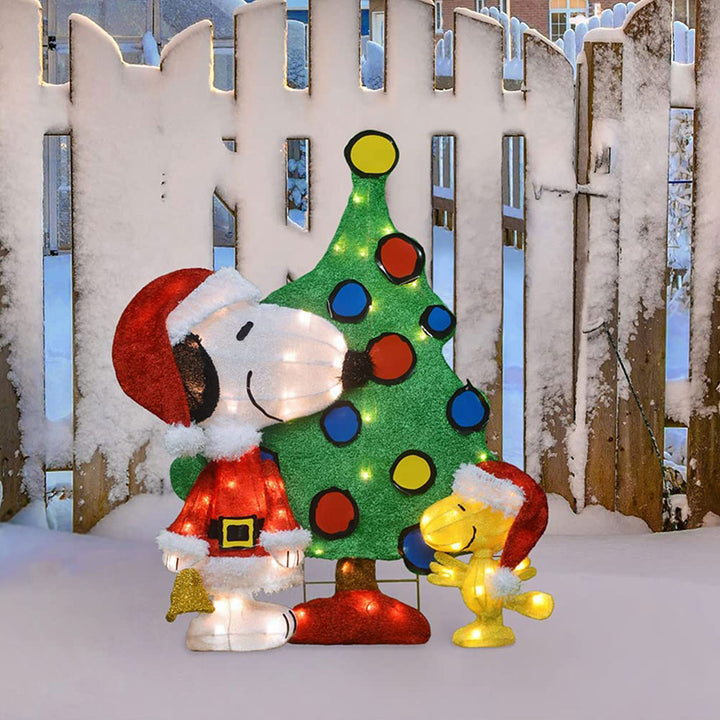 ProductWorks Peanuts 32" Snoopy and Woodstock Pre-Lit Christmas Tree Yard Decor