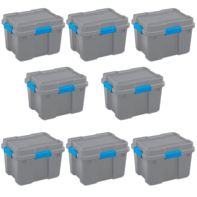 Sterilite 20 Gal Tote Storage Container Box w/ Lid, Titanium Gray/Blue (8 Pack)