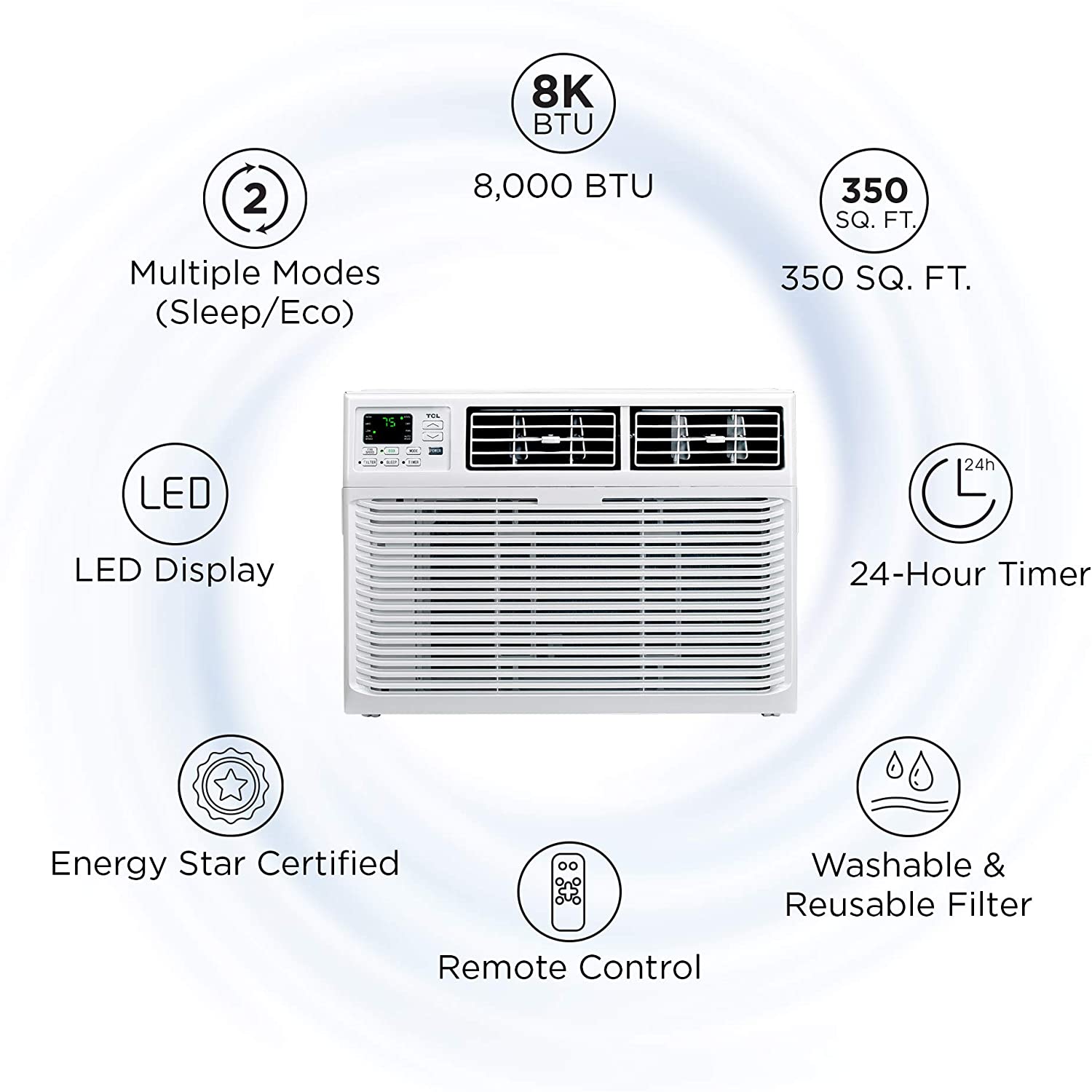TCL 8W3E1-A 8,000 BTU 3 Fan Speed 8 Directional Cooling Window Air Conditioner