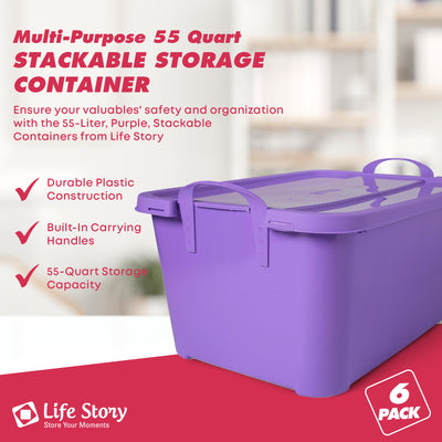 Life Story 55 Quart Stackable Storage Bin, Light Duty Container, Purple, 6 Pack