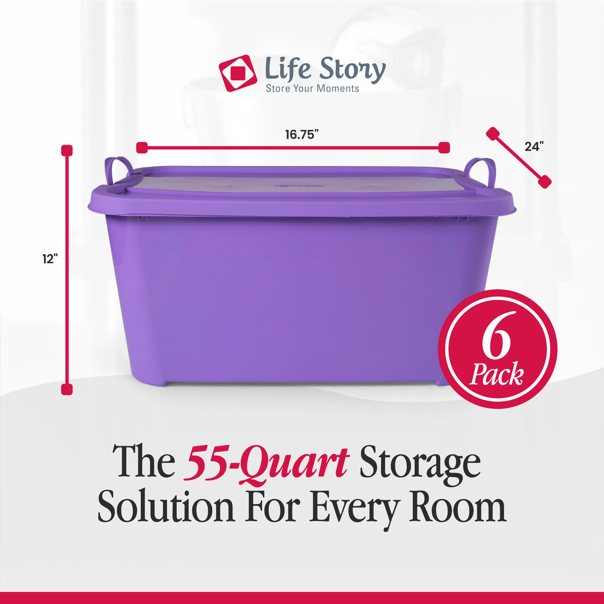 Life Story 55 Quart Stackable Storage Bin, Light Duty Container, Purple, 6 Pack