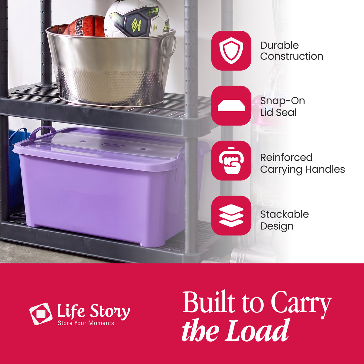 Life Story 55 Quart Stackable Storage Bin, Light Duty Container, Purple, 6 Pack