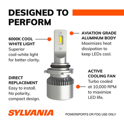Sylvania 9006 LED Powersport Headlight Bulbs for Off-Road Use or Fog Lights - 2 Pack