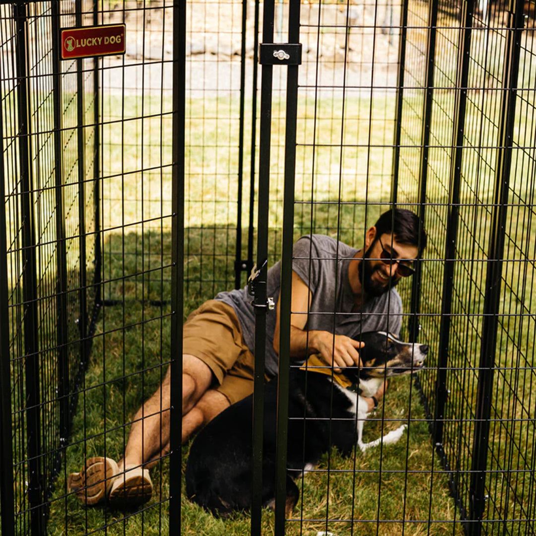 Lucky Dog Uptown Large Outdoor Covered Kennel Secure Fenced Pet Dog Crate, Black - VMInnovations