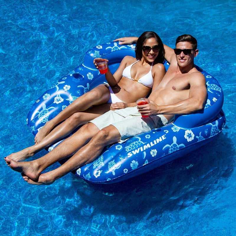 Swimline 90482 Inflatable 2 Person Float with Mesh Seat and Tropical Print, Blue