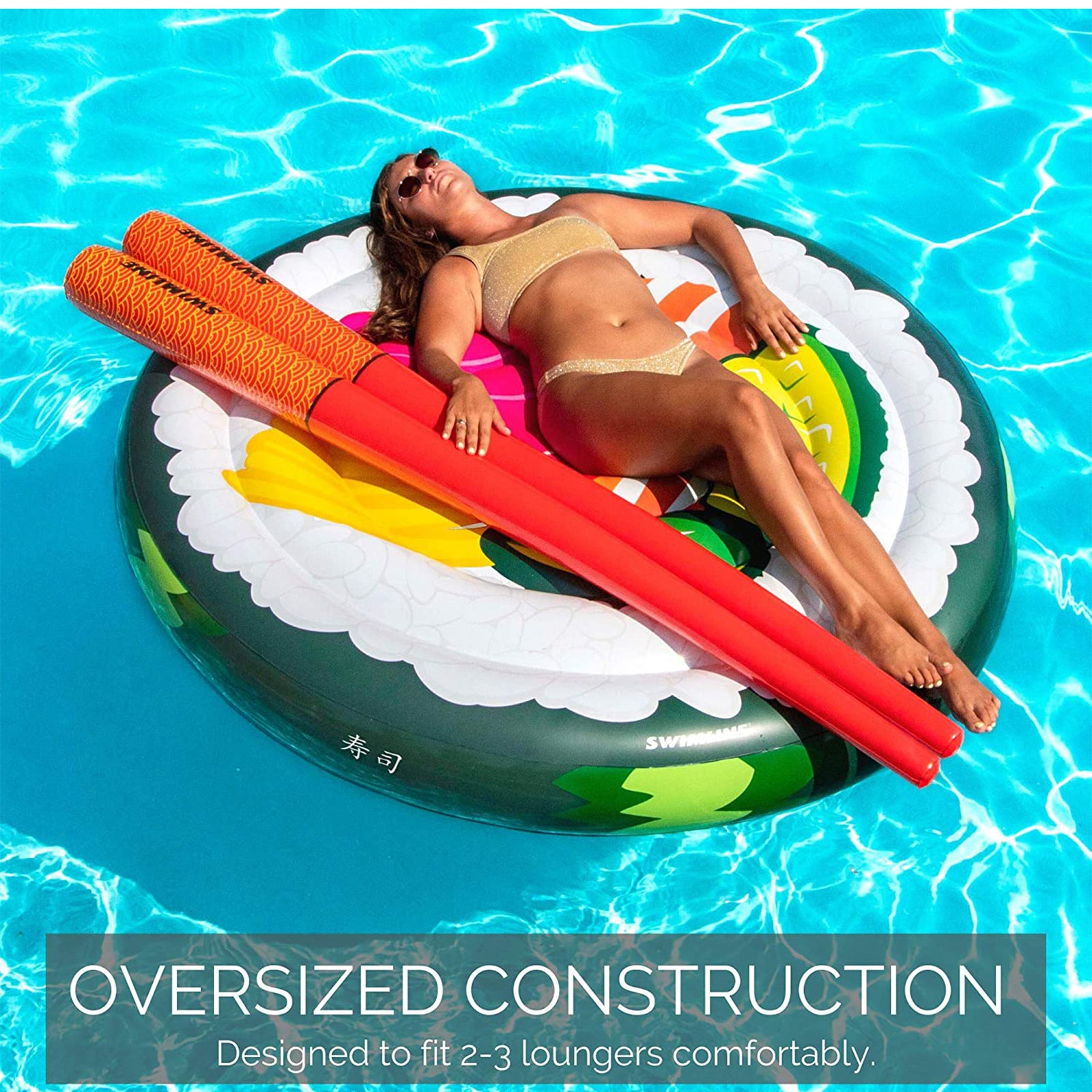 Swimline 60" Sushi Roll Island Inflatable Pool Float with 73" Chopstick Doodles - VMInnovations
