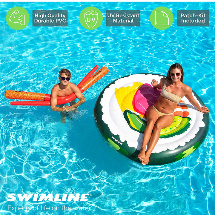 Swimline 60" Sushi Roll Island Inflatable Pool Float with 73" Chopstick Doodles