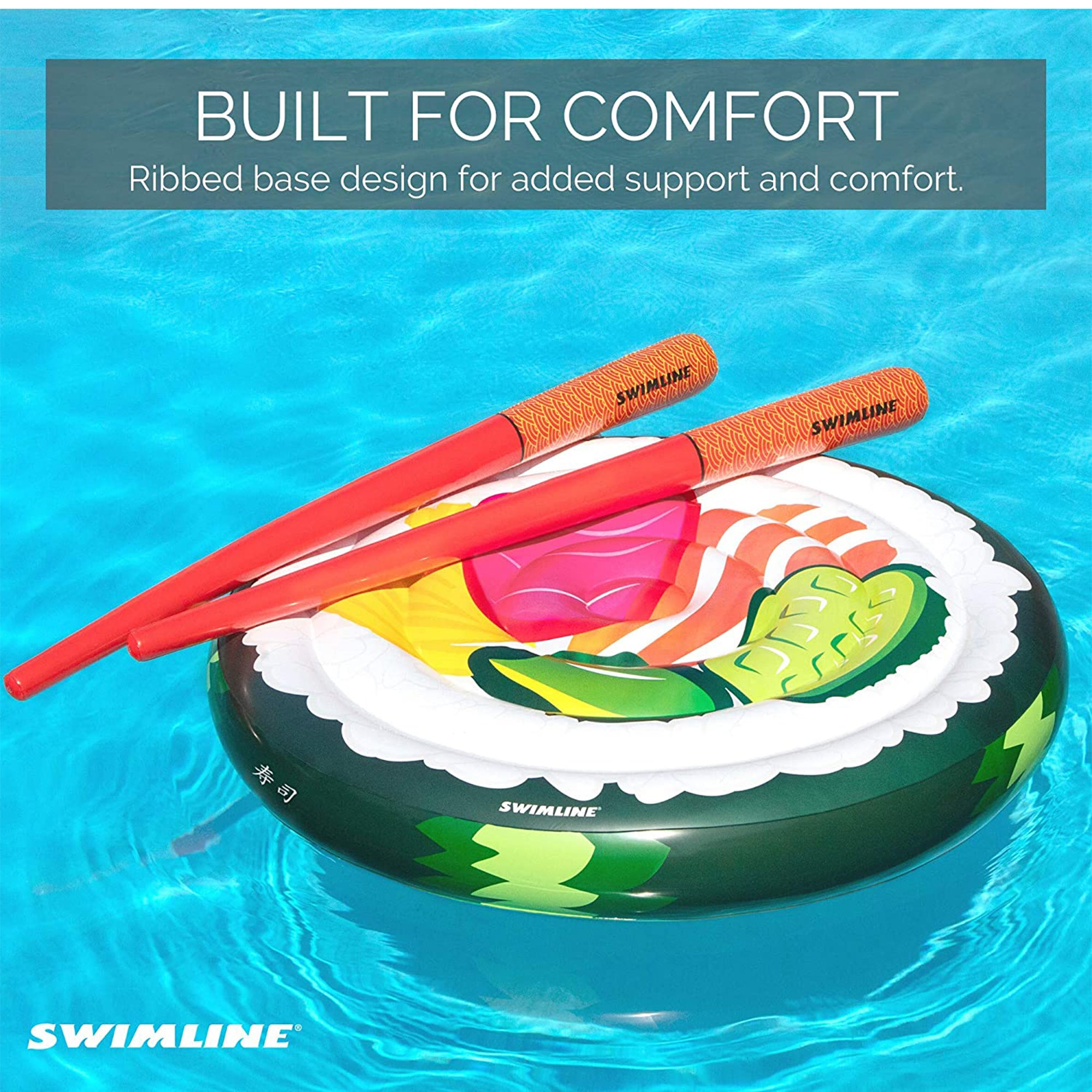 Swimline 60" Sushi Roll Island Inflatable Pool Float with 73" Chopstick Doodles - VMInnovations