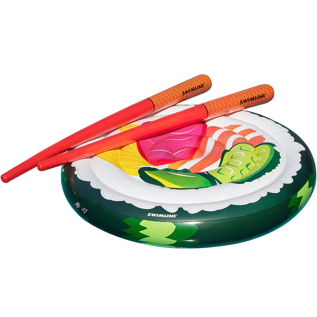 Swimline 60" Sushi Roll Island Inflatable Pool Float with 73" Chopstick Doodles