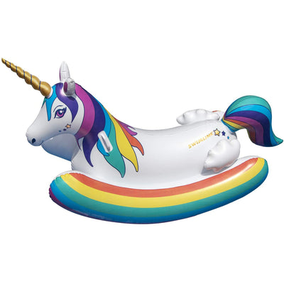 Swimline Giant Inflatable Rainbow Unicorn Rocker Ride On Swimming Pool Toy Float - VMInnovations