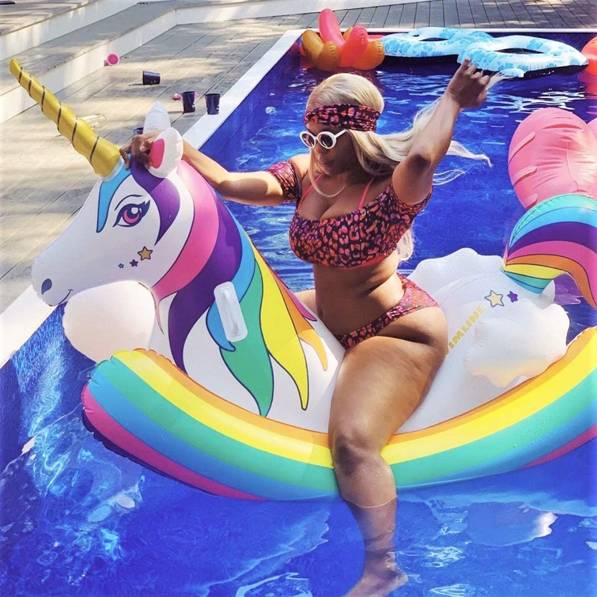 Swimline Giant Inflatable Rainbow Unicorn Rocker Ride On Swimming Pool Toy Float - VMInnovations