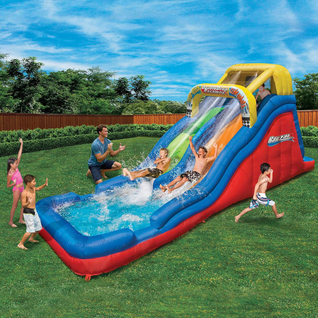 Banzai Double Drop Raceway 2 Lane Inflatable Outdoor Water Slide & Climbing Wall