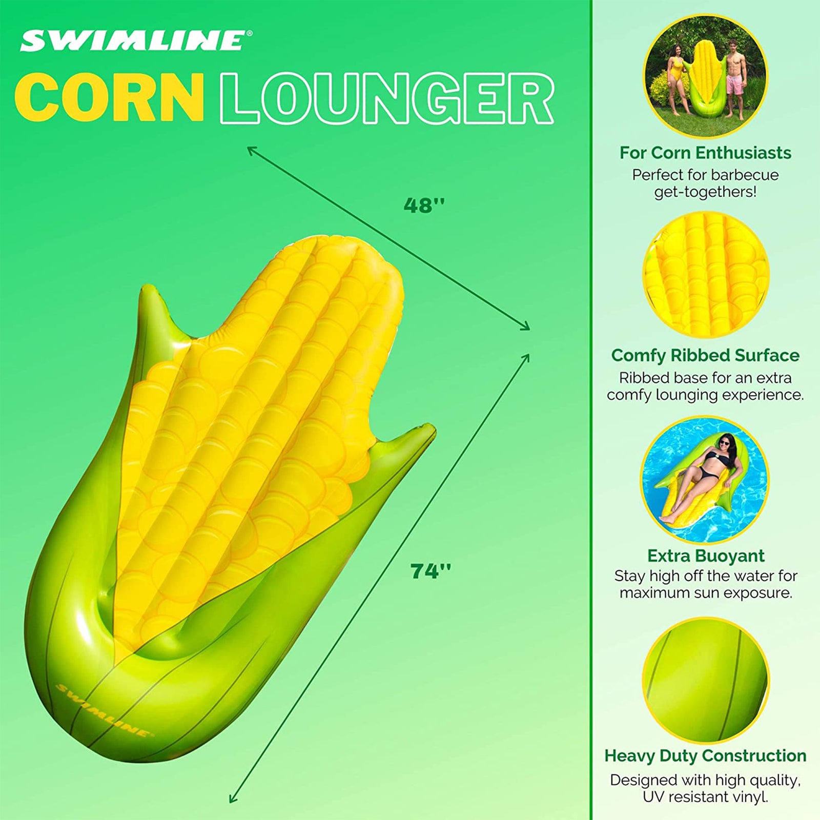 Swimline 90680M Giant 74" Inflatable Corn on the Cob Swimming Pool Float Lounger - VMInnovations