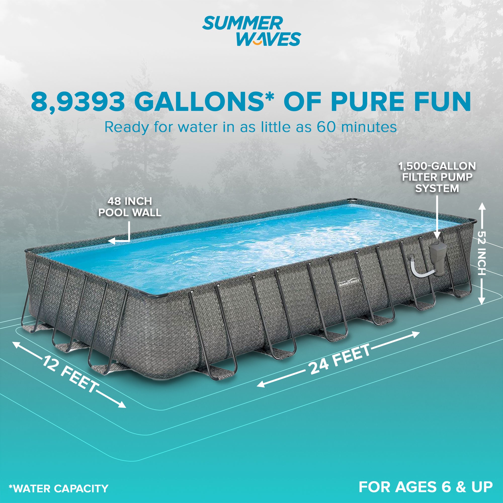 Summer Waves 24ft x 12ft x 52in Rectangle Above Ground Frame Swimming Pool Set