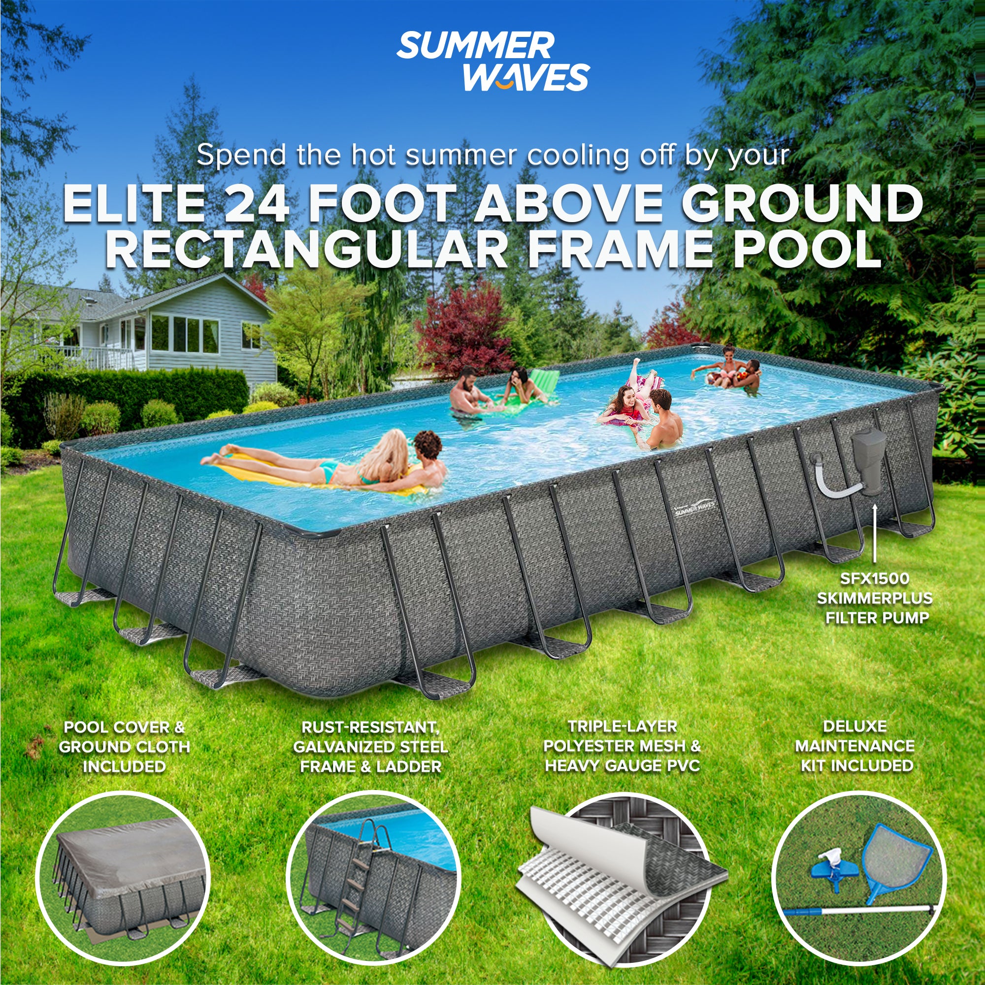 Summer Waves 24ft x 12ft x 52in Rectangle Above Ground Frame Swimming Pool Set