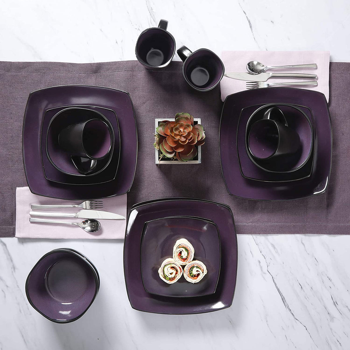 Gibson Elite Soho Lounge 16 Piece Plates, Bowls, and Mugs Set, Purple (2 Pack)