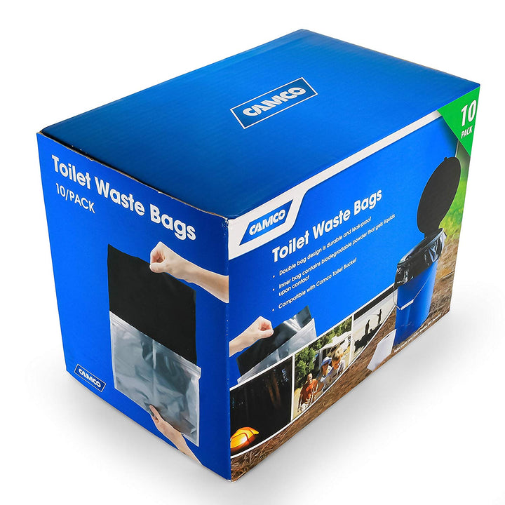 Camco 10 Pack Leak Proof Double Lined Camping Toilet Bucket Waste Bags, Black