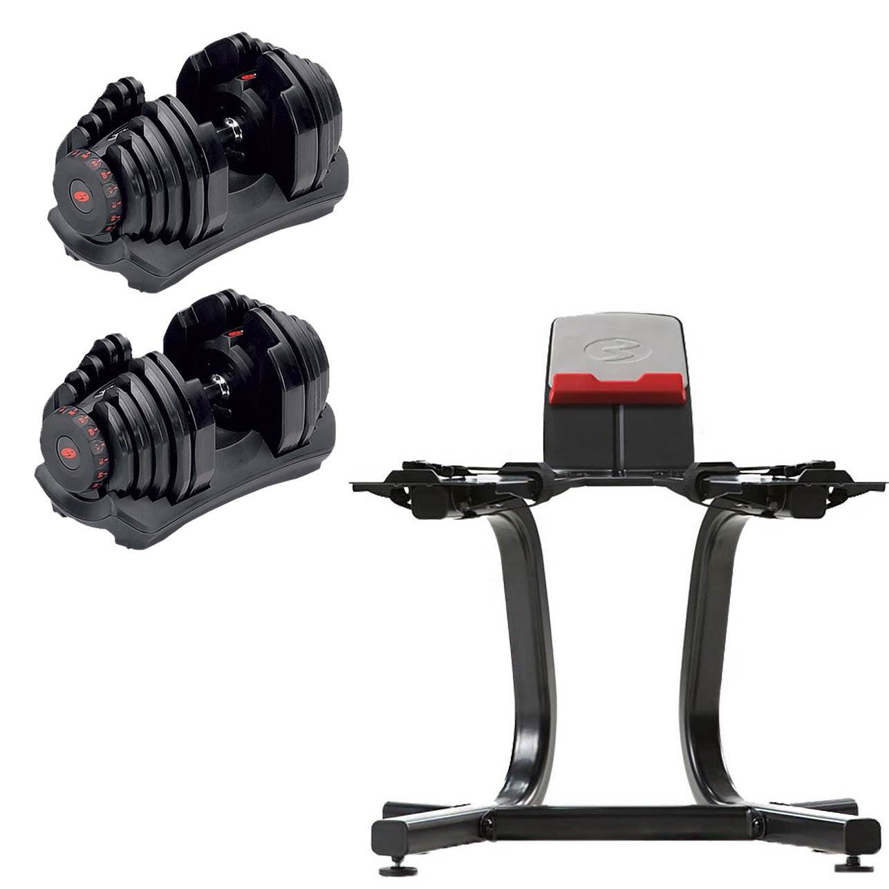 Bowflex SelectTech 1090 Adjustable Dumbbell Weights (Pair) + Stand w/ Media Rack