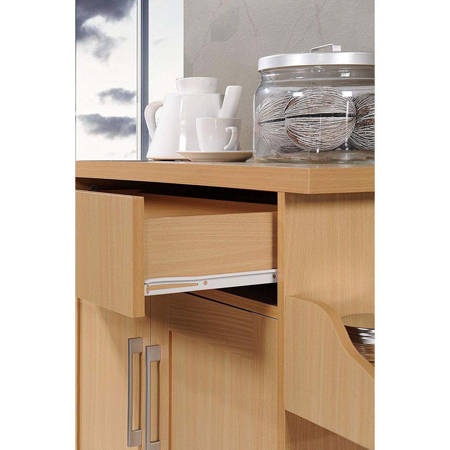 Hodedah Wheeled Kitchen Island with Large Spice Rack and Towel Holder, Beech - VMInnovations