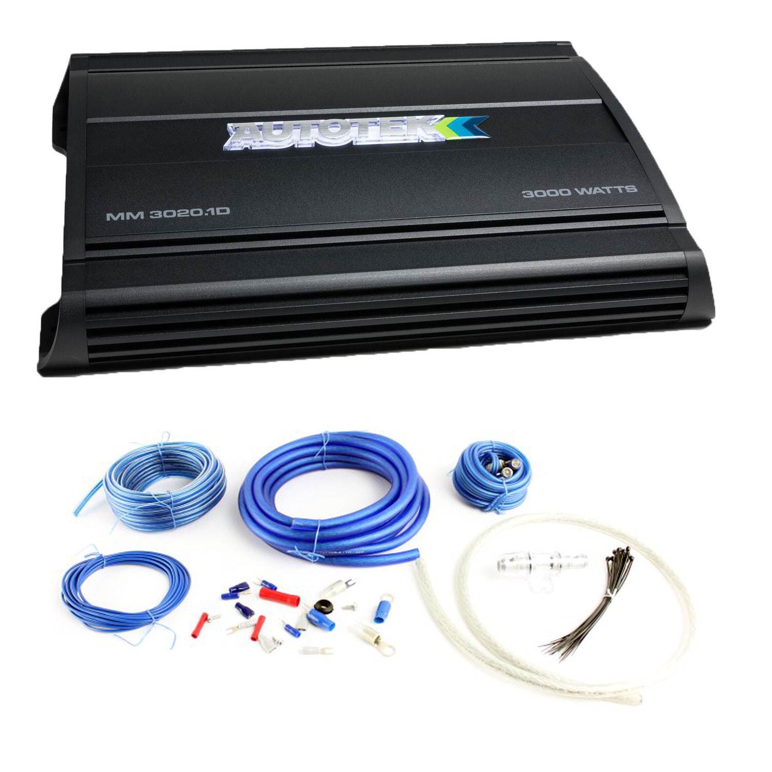 Autotek MM3020.1D 3000W Mono Amplifier Car Audio Amp w/ Bullz Audio 4Ga Wire Kit