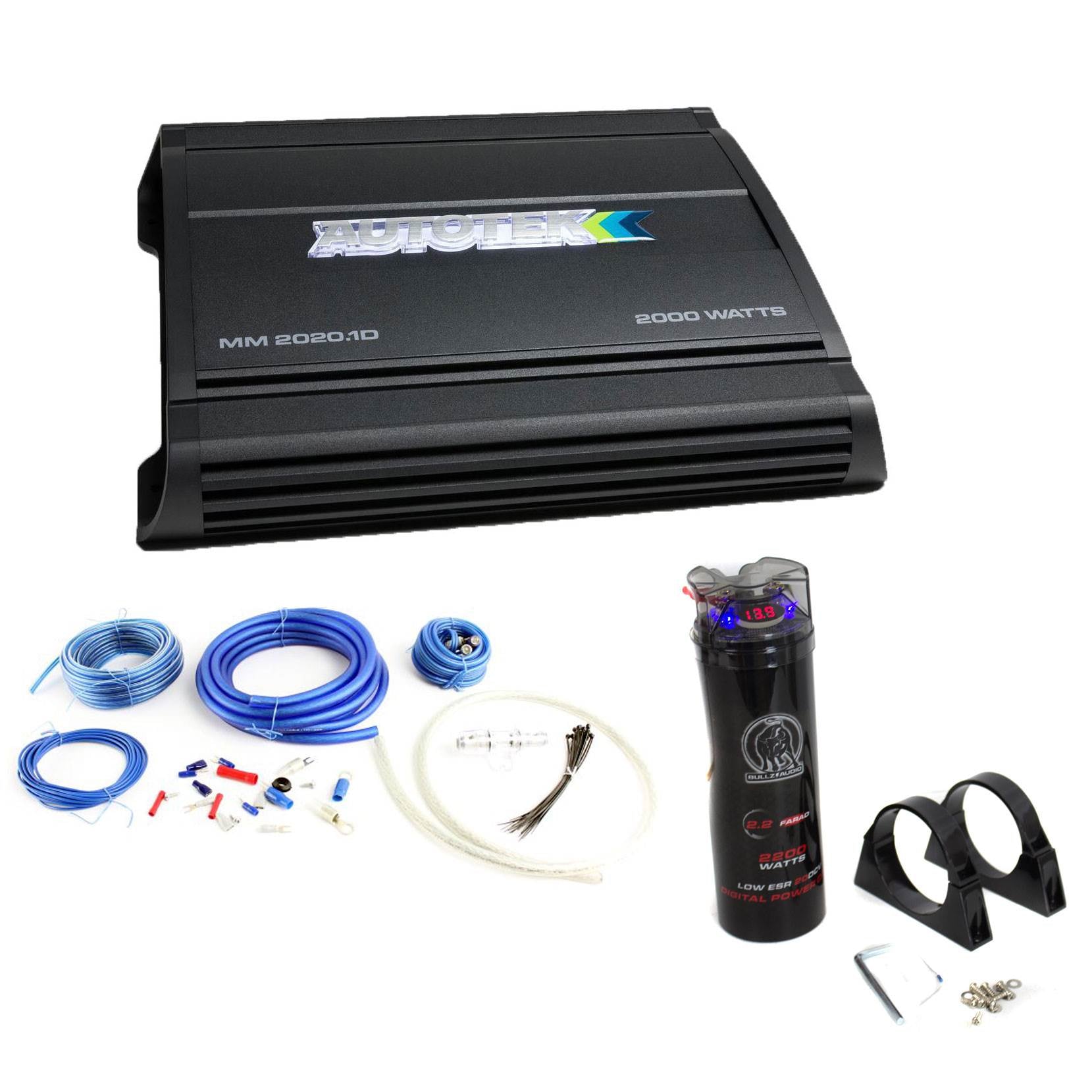 Autotek MM2020.1D Mono Amp, Bullz Audio 4 Gauge Wire Kit, and BCAP2.2 Capacitor