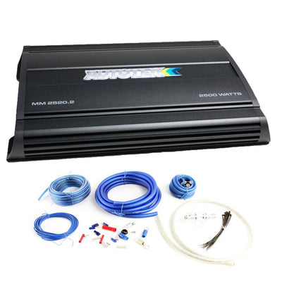 Autotek MM2520.2 2500W 2 Channel Car Audio Amp w/ Bullz Audio 4 AWG Wire Kit