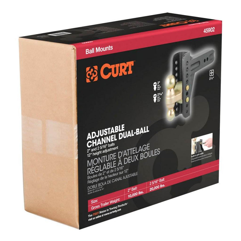 CURT 45902 2.5 Inch 20K LB Trailer Hitch Dual Ball Adjustable Channel Mount