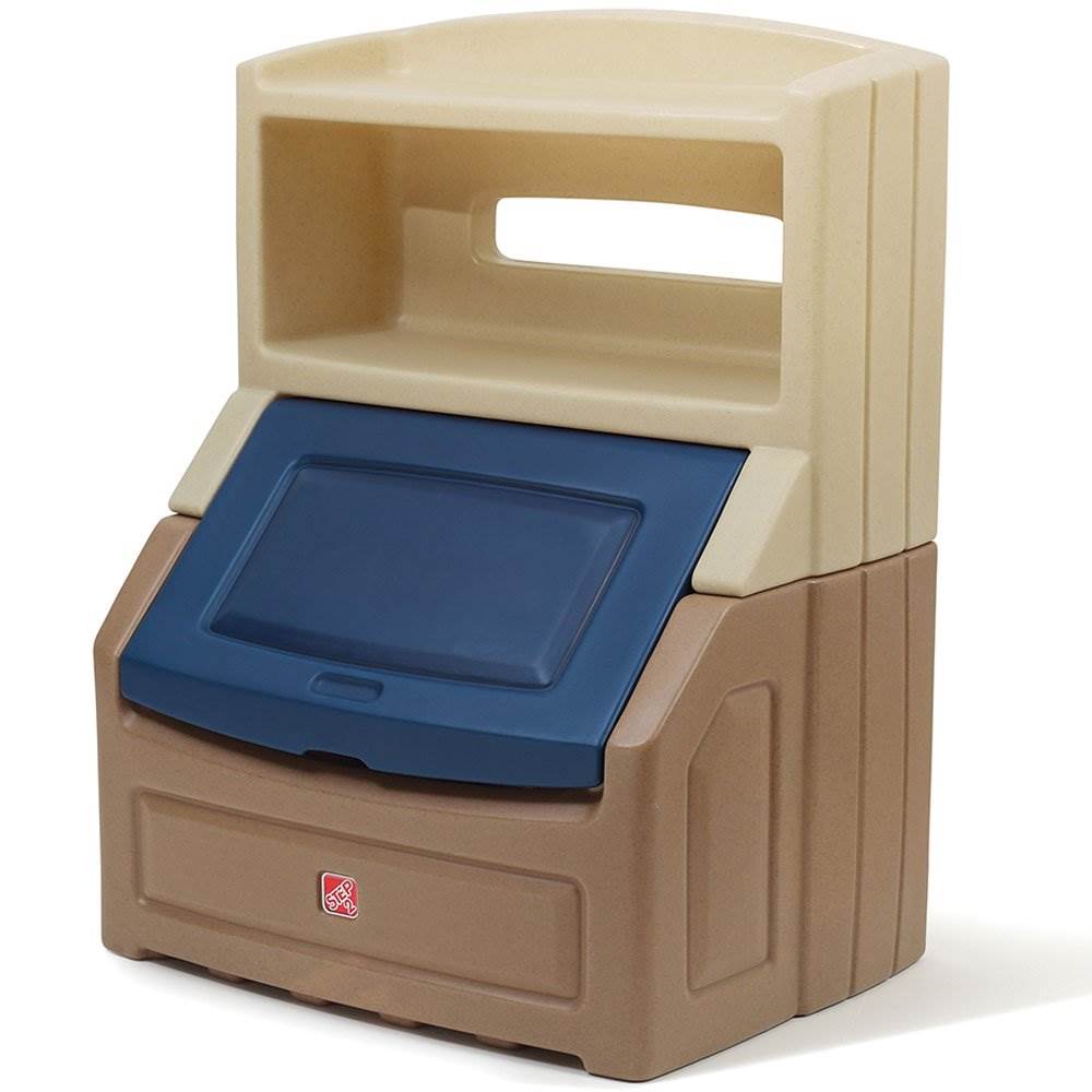 Step2 Fun Time Lift & Hide Plastic Bookcase & Toy Box, Tan & Blue (Open Box)