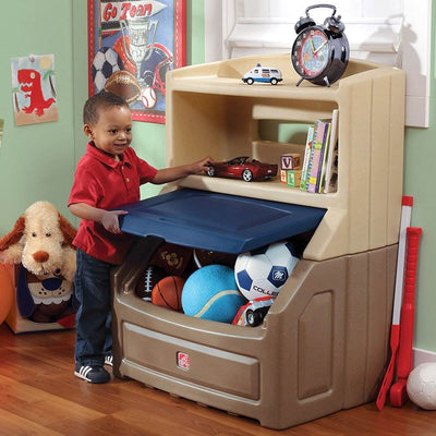 Step2 Fun Time Lift & Hide Plastic Bookcase & Toy Box, Tan & Blue (Open Box)