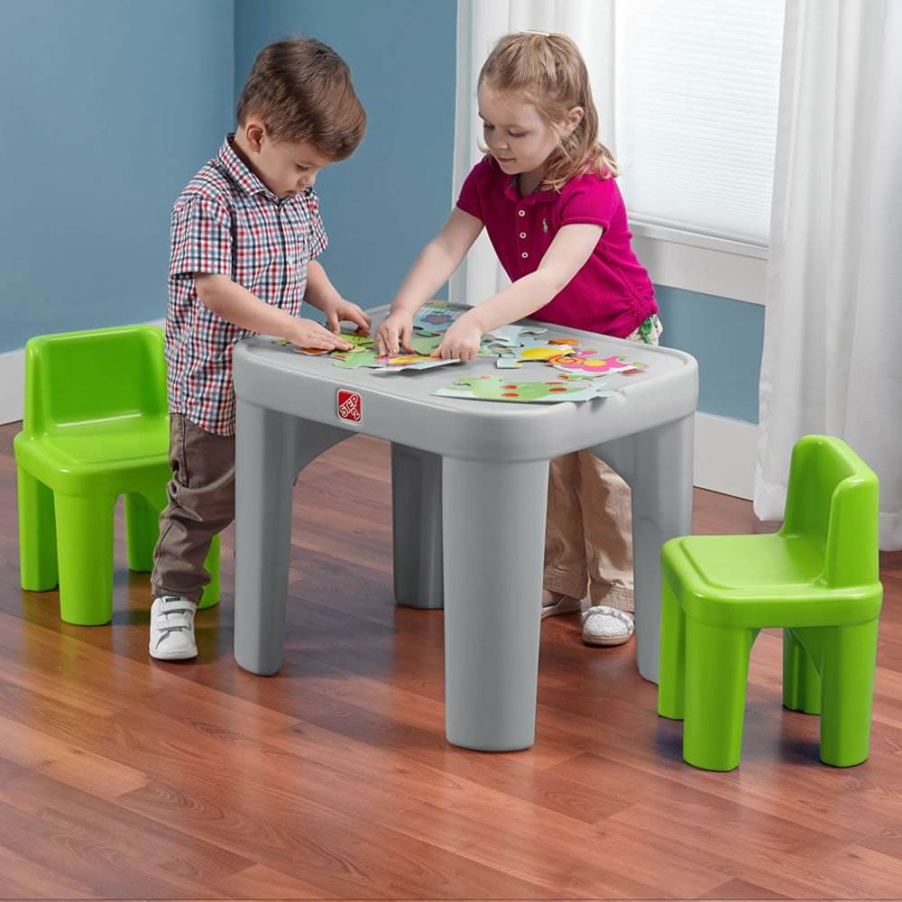Step2 Mighty My Size Kids Plastic Table & Chairs Set, Grey & Green (Open Box)