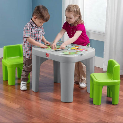 Step2 Mighty My Size Kids Plastic Table & Chairs Set, Grey & Green (Open Box)