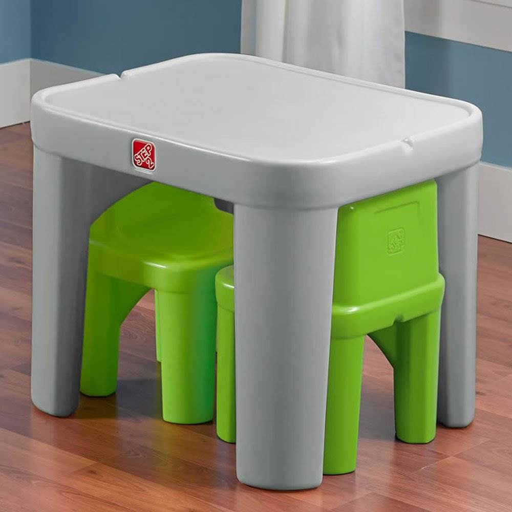 Step2 Mighty My Size Kids Plastic Table & Chairs Set, Grey & Green (Open Box)