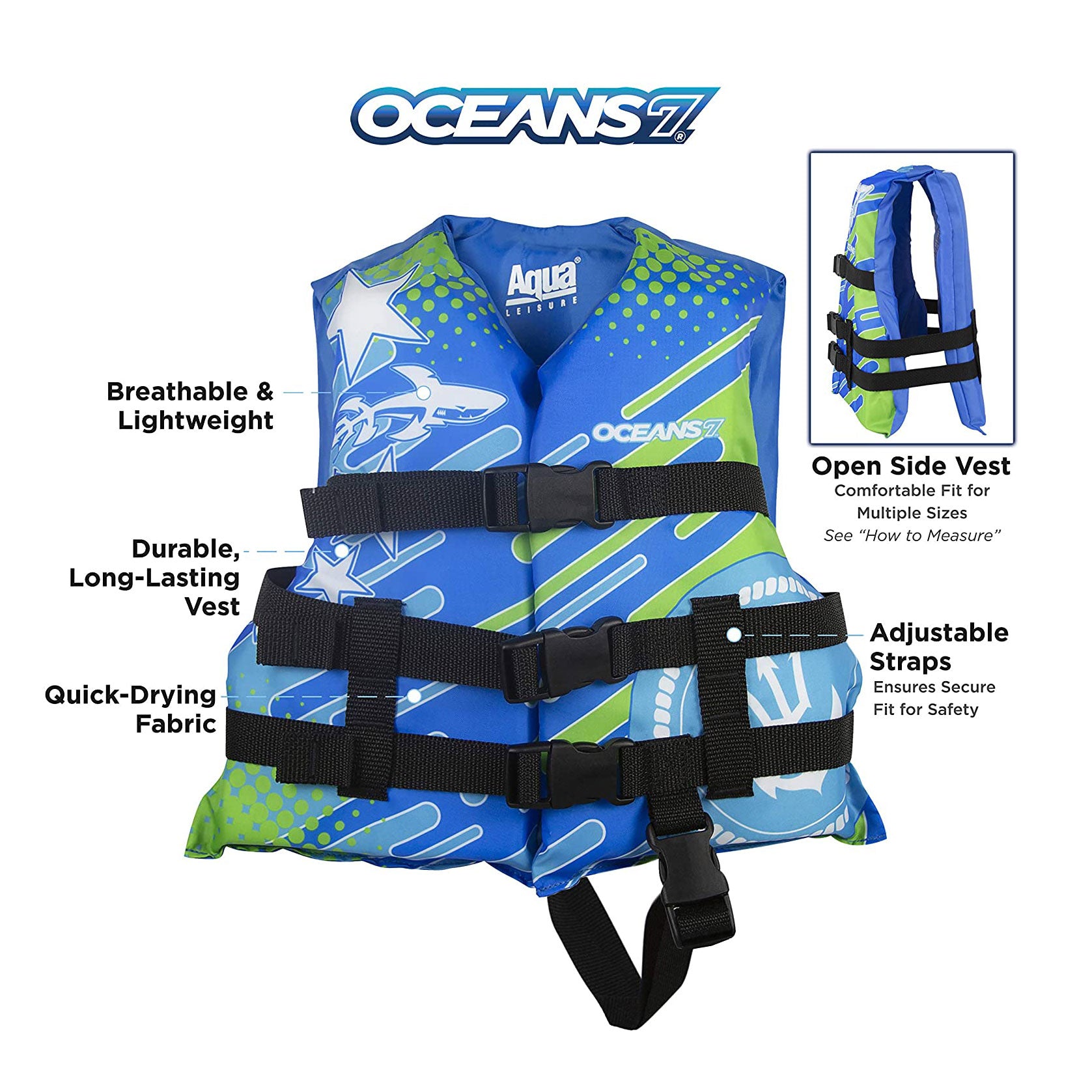 Oceans 7 US Coast Guard Approved Type III Kids PFD Water Life Jacket Vest, Blue