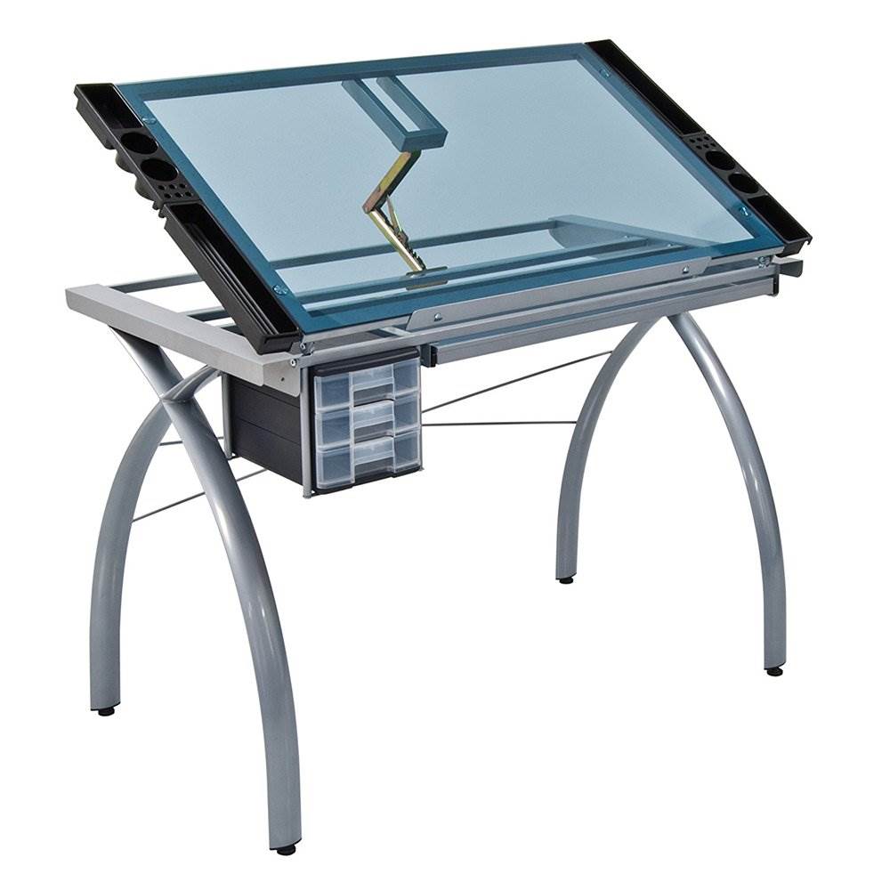 Studio Design Craft Station Tempered Silver Blue Glass Drawing Table (For Parts)
