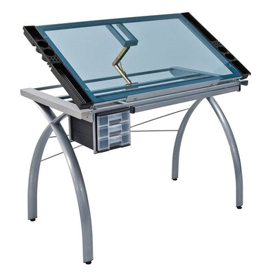 Studio Design Craft Station Tempered Silver Blue Glass Drawing Table (For Parts)