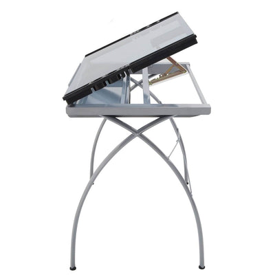 Studio Design Craft Station Tempered Silver Blue Glass Drawing Table (For Parts)