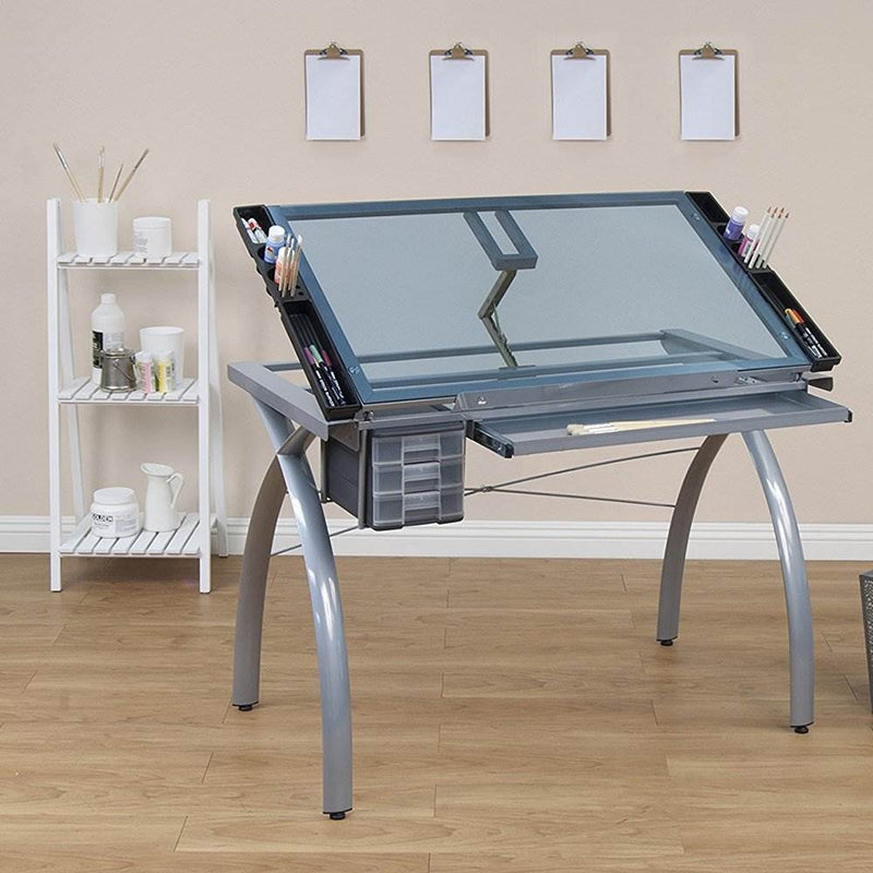 Studio Design Futura Craft Station Tempered Silver Blue Glass Drawing Table