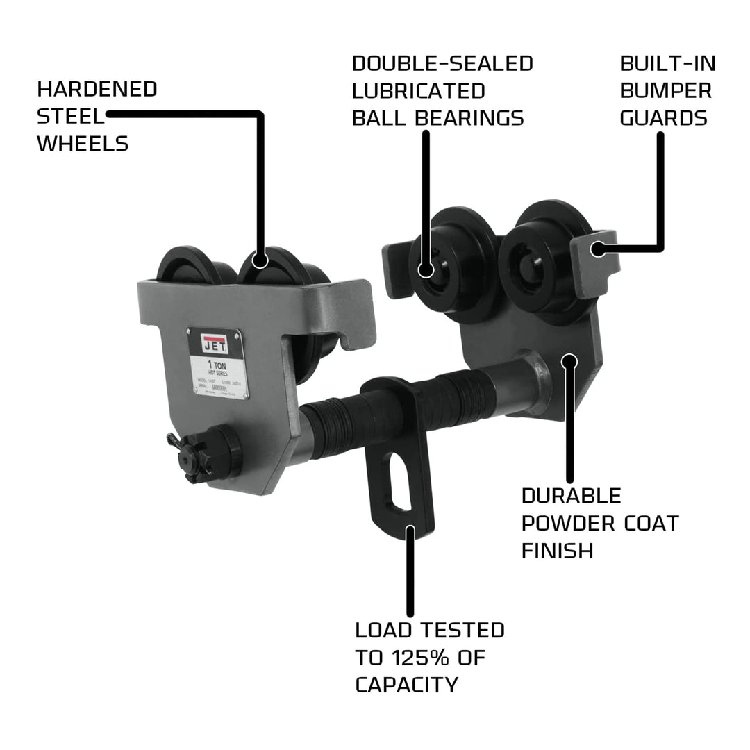 JET 1-HDT 1 Ton Steel Frame Manual Trolley with Bumper Guards and Spacer Washers