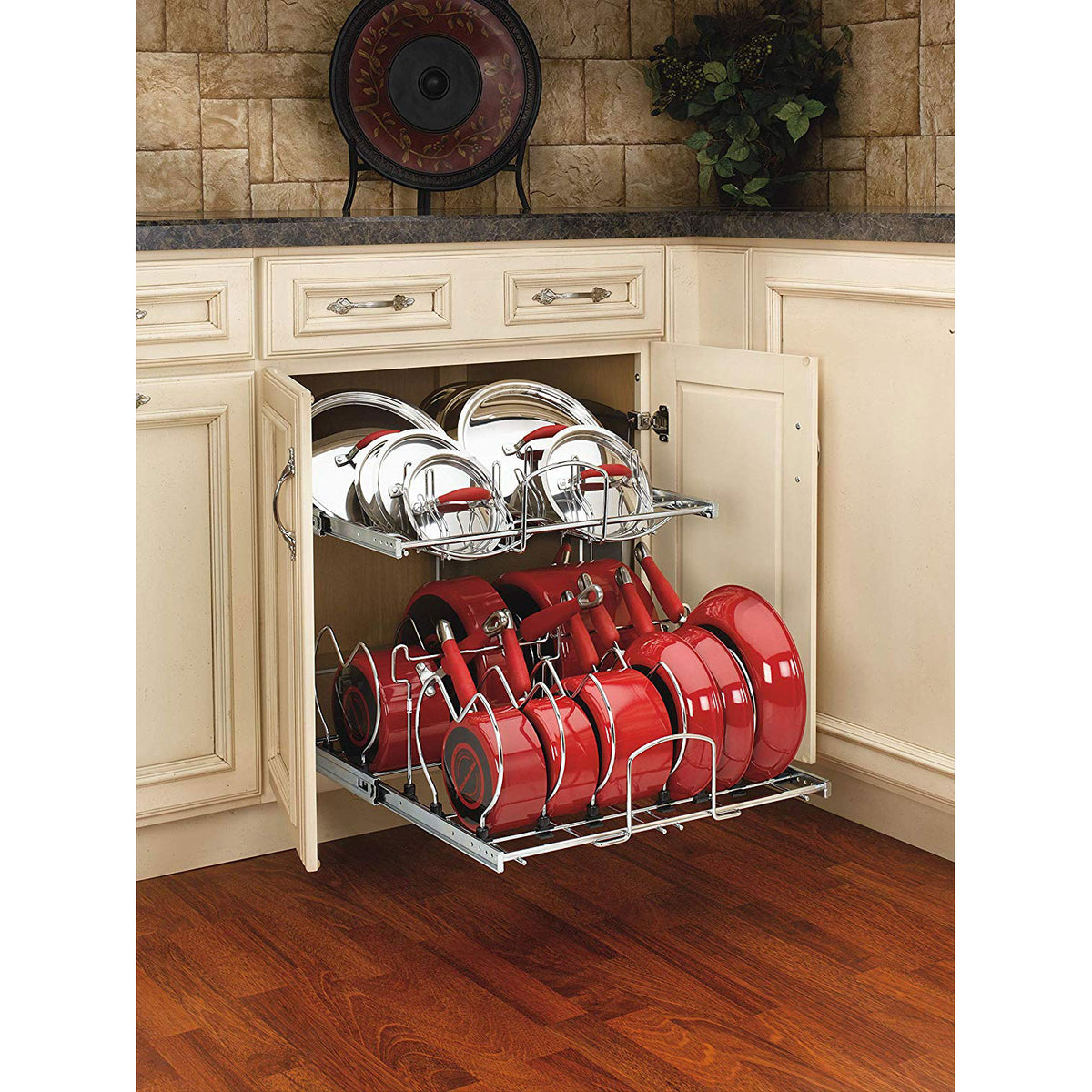 Rev-A-Shelf 21” 2 Tier Cabinet Organizer and 18” Pull Out 2 Tier Wire Baskets