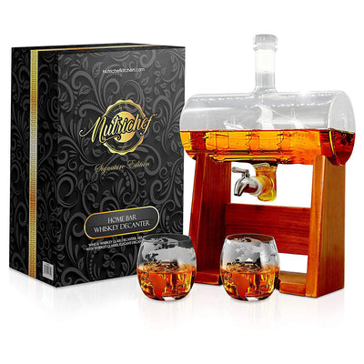NutriChef Home Bar Glass Barrel Whiskey Carafe Alcohol Decanter Set (4 Pack)