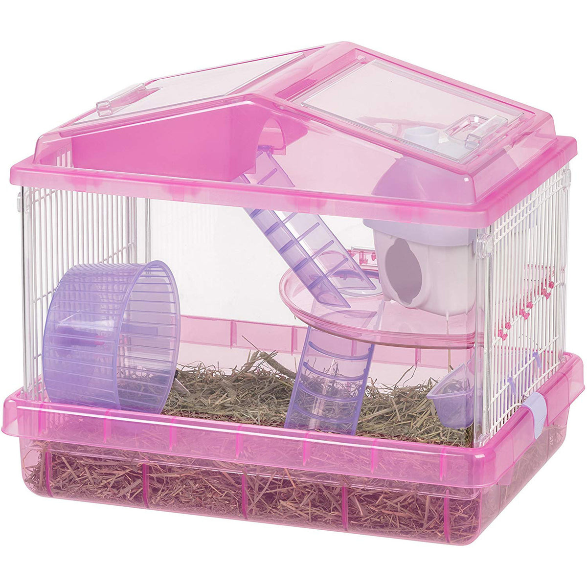 IRIS USA 587121 2-Level See-Through Plastic Hamster Cage with Wheel, Trans Pink