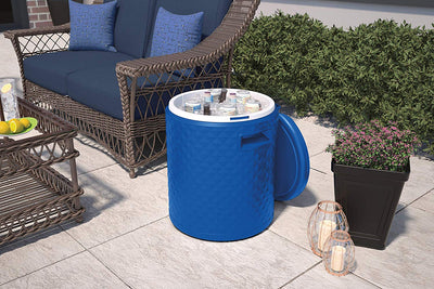 Suncast 3 in 1 Design 54 Quart Resin Cooler Side Table & Decorative Stool, Blue