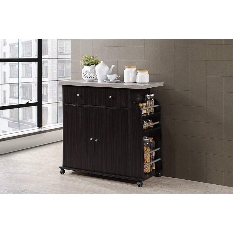 Hodedah Kitchen Island Cabinet Drawer Storage with Spice & Towel Rack, Chocolate